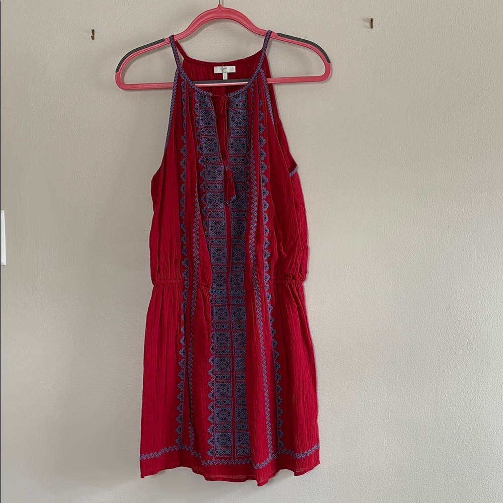 Red Sleeveless Dress with Blue Accents